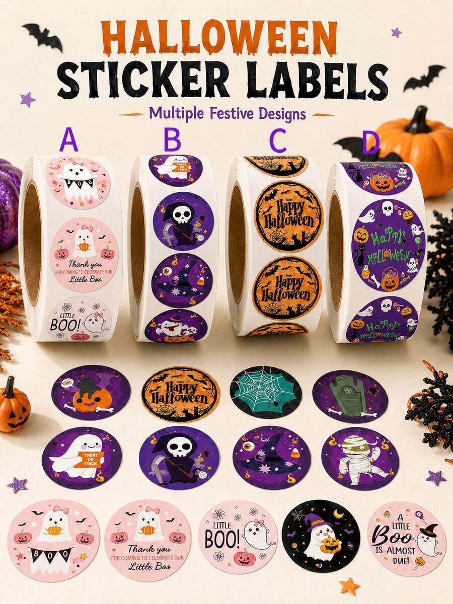 3pcs Halloween Round Sticker Rolls Assorted Ghost Pumpkin Sealing Labels For Packaging - Multicolor - View 1