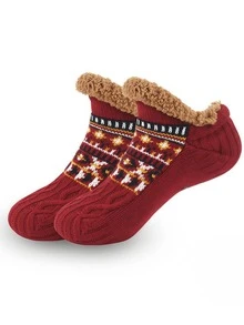 1 Pair Random Nordic Fair Isle Jacquard Thermal Lined Floor Socks - Multicolor - View 5