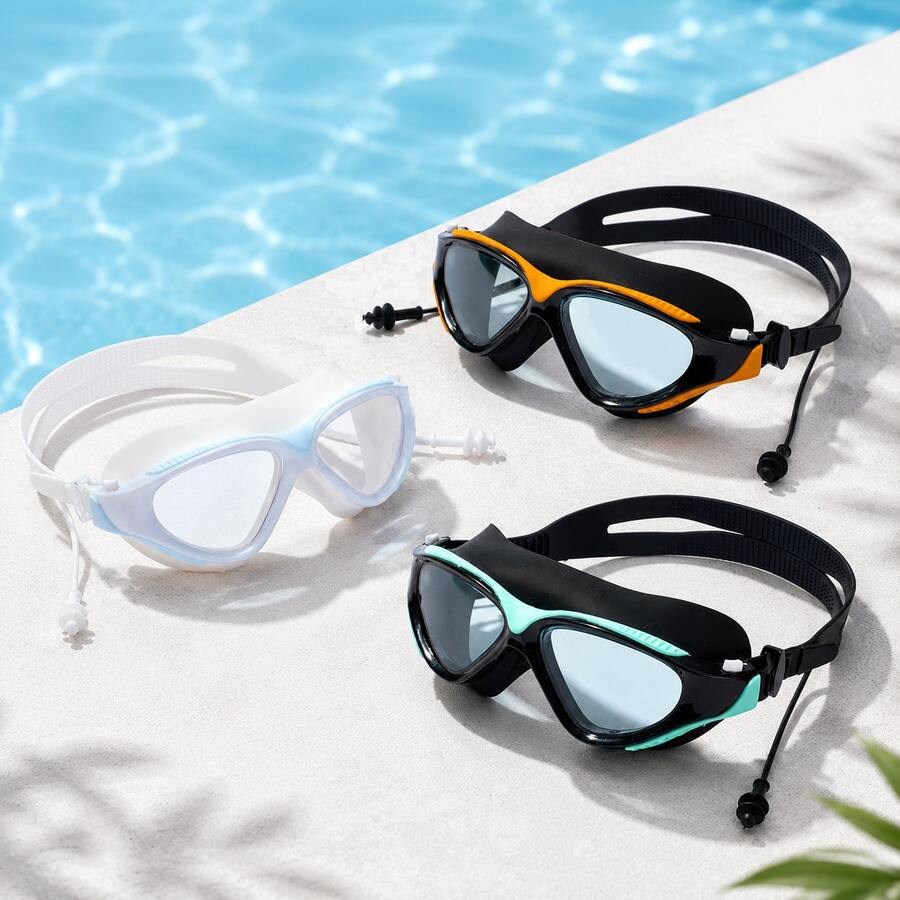 Adult Swimming Goggles Unisex Large Frame Adjustable Double Strap Design With Earplugs Comfortable Fit Swimming Pool Training Fitness Swimming Gear Summer Water Sports Accessories - White - View 1