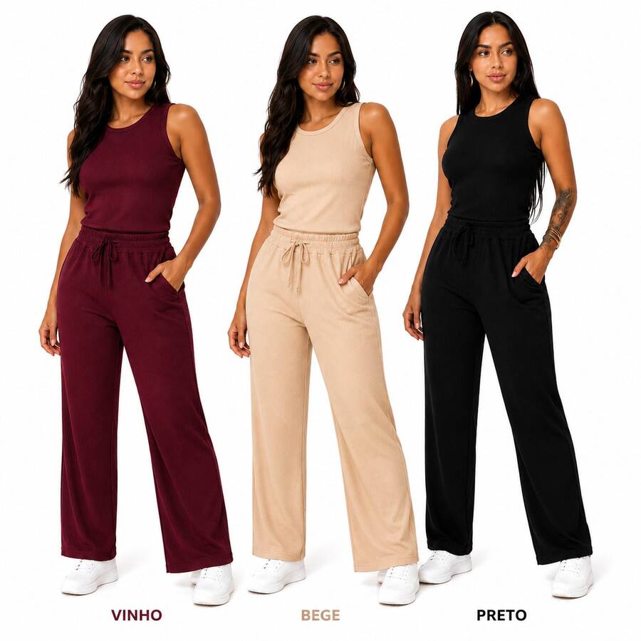 Set Of 3 Wide Leg Pants With Pockets + Women's Plus Size Tank Top - Wine + Beige + Black - View 1