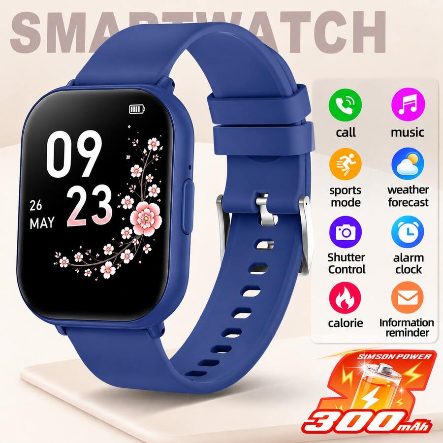 Reloj inteligente Simson Power 300mAh de estilo neutro, pantalla completa HD, correa de silicona suave, llamadas inalámbricas, modo multideporte, notificación de mensajes, seguimiento de fitness, control de música, control remoto de cámara, estilo deportivo, unisex