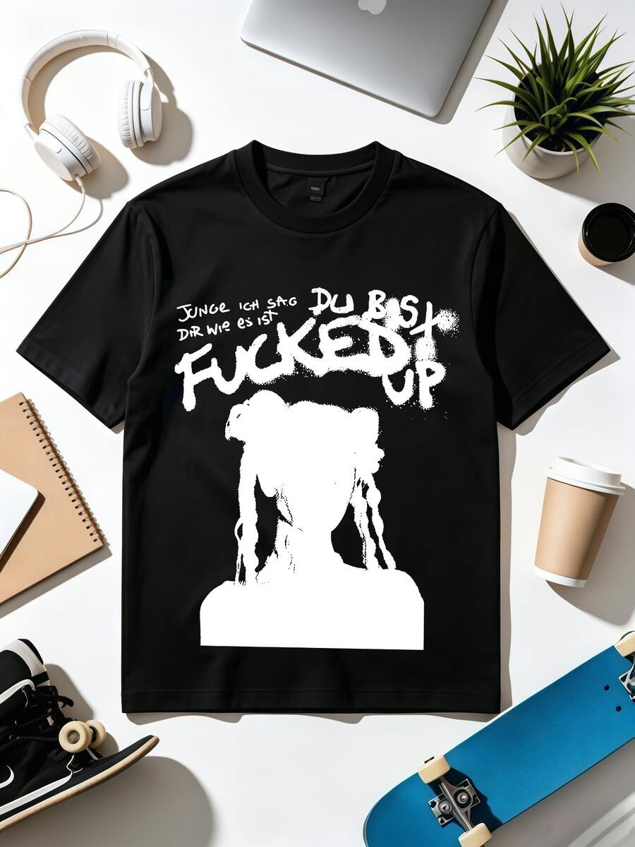 German Grunge Lyrics Spray Paint Silhouette Streetwear T-Shirt - 黑色 - 查看 1