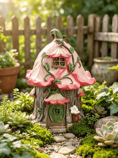 Fairy House Decor, Resin Elf Tree House Statue, Handmade Elf Cottage Ornament, Cartoon Garden Miniature Model, Pink Petal Roof Hand-Painted Waterproof Mini House Decoration For Indoor Bookshelf, Outdoor Garden, Patio Micro Landscape, No Electricity Or Battery Required, Suitable For Balcony Landscaping And Landscape Decoration, Indoor Bookshelf, Glass Container, Outdoor Garden Path, Bonsai Micro Landscape