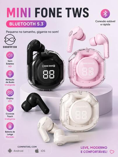 Mini Fone de Ouvido TWS  Bluetooth 5.3, LED Display, Compatível com Android/iOS Intra-Auriculares Sem