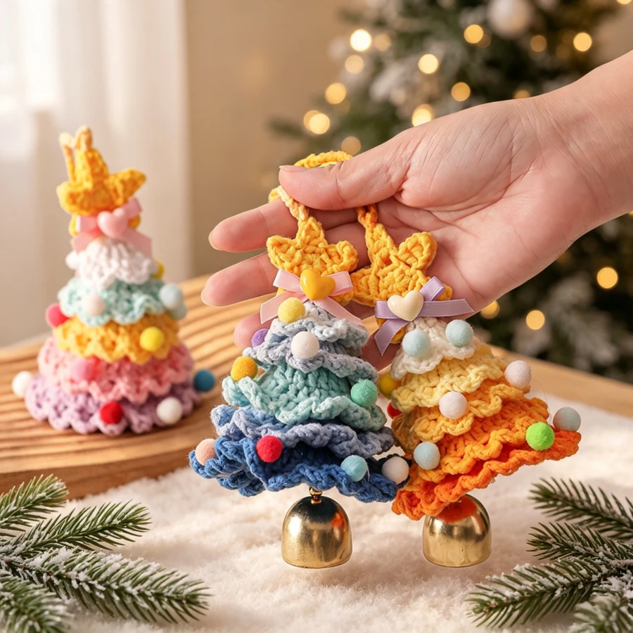 Handmade Crochet Christmas Tree Ornament, Cute Plush Knitted Mini Xmas Tree Hanging Charm, Car Rearview Mirror Pendant, Holiday Home Room Decor Festive Gift - Multi-color - View 1