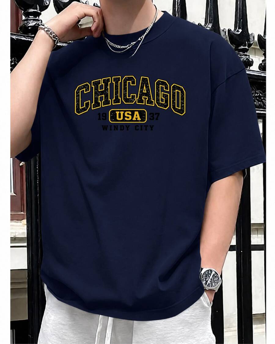 Camiseta Masculina 100% Algodão Camisa Chicago Black Gold Ideal Para Dia a Dia Treino Academia Unissex - Azul Marinho - Visão 1