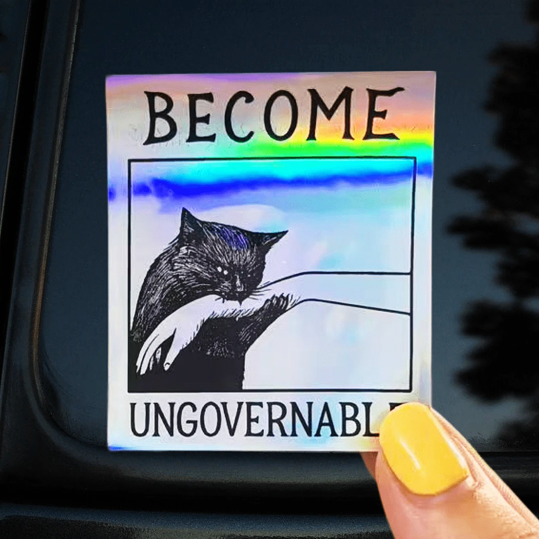 White Background Black Cat Biting, "BECOME UNGOVERNABLE" Dark Style Sticker With Rebellious And Wild Elegant - Waterproof Vinyl Sticker - Durable Matte Surface, Self-Adhesive Bumper Sticker, Suitable For Cars, Windows, Laptops, Trucks, Water Bottles - Multi-Functional Durable Design, Car Sticker - one-size - View 1