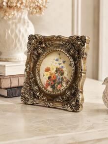 Antique Gold Vintage Picture Frame, Ornate Baroque Floral Photo Frame, Small Round Desktop Display For Vanity, Nightstand, Bookshelf, Mantel, Home Office, French Cottage Decor, Gift For Women - A - View 8