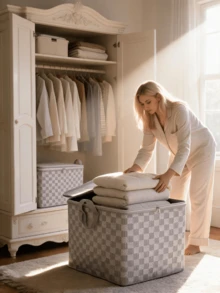 3pcs/1pc 30L/110L/150L/220L Foldable Storage Box With Lid, Plaid Pattern, Space-Saving Design, Durable Non-Woven Fabric, Ideal For Home Moving And Packing, Bed Under, Wardrobe And Moving - Stackable And Washable - Grey - View 4