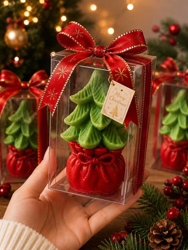Molde de silicona hecho a mano para árbol de Navidad con base de bolsa de regalo con cordón, diseño en relieve de árbol de hoja perenne, adecuado para velas de aromaterapia, jabón de baño, fundición de resina, decoración de yeso, decoración de mesa de café de estilo acogedor de campo para sala de estar, suministros de manualidades DIY navideñas para el hogar