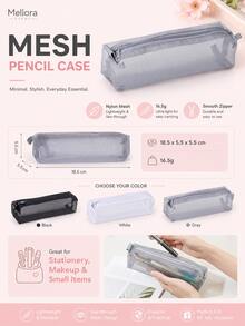 Estojo de Lápis de Malha Mellora, 3 Cores Disponíveis (Preto/Branco/Cinza), Bolsa de Papelaria com Zíper de Malha Transparente Leve, Bolsa de Armazenamento Portátil Retangular Única, Adequada para Organização de Ferramentas de Escrita Diárias em Casa e Escritório - Vários estilos - Visão 6