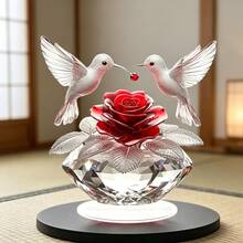 1pc Romantic Hummingbird & Rose Acrylic Desktop Ornament, 2D Flat Crystal Base Design, Atmospheric Home Living Room Bedroom Decor - A - View 6