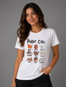 Potter Cats T-Shirt Cats Movie Harry Shirt Blouse Unisex Male Female 100% Cotton Top Premium Streetwear New Release Immediate Shipping Various Colors!! Plus Size - 白色 - 查看 1