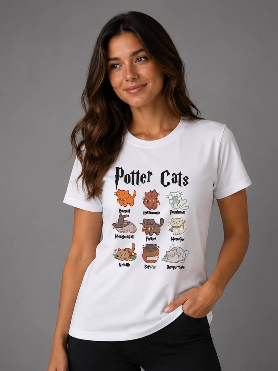 Potter Cats T-Shirt Cats Movie Harry Shirt Blouse Unisex Male Female 100% Cotton Top Premium Streetwear New Release Immediate Shipping Various Colors!! Plus Size - 白色 - 查看 1