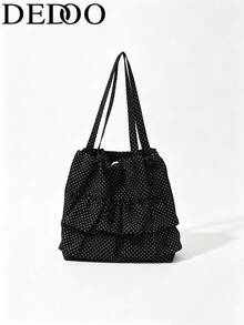 Dedoo Women's Polka Dot Print Ruffle Drawstring Tote Shoulder Bag, Korean Style Daily Student Handbag, Large Capacity Campus Backpack, Suitable For University Campus - Black - View 2