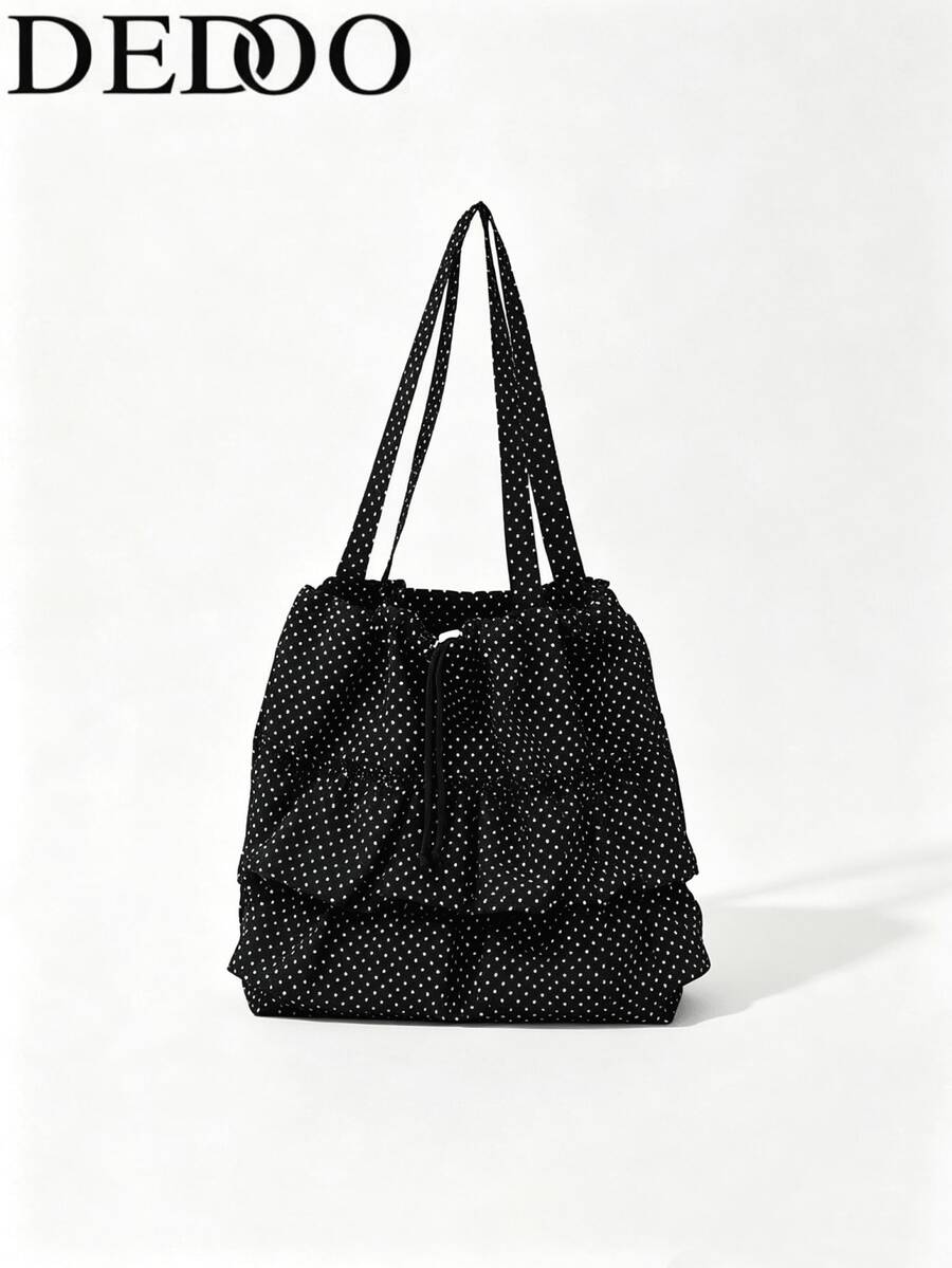 Dedoo Women's Polka Dot Print Ruffle Drawstring Tote Shoulder Bag, Korean Style Daily Student Handbag, Large Capacity Campus Backpack, Suitable For University Campus