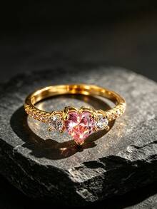 18K Gold Plated Pink Heart Cubic Zirconia Main Stone Thin Ring For Women, 3-Stone Combination Heart-Shaped Pink Zirconia With White Diamond Full Band Ring, Gentle Girl Luxury Proposal Jewelry, Suitable For Dating, Evening Party, Commuting, Valentine's Day Gift For Girlfriend, Durable Color Jewelry - Gold - View 3