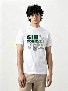 Gin Tonic Club Print mit Limetten Cocktail Grafik Herren Baumwoll TShirt Oversize Fit Streetwear Sport Casual Freizeit Outfit - Weiss - Übersicht 1