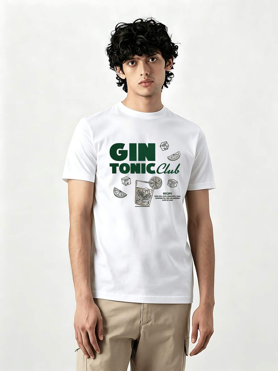 Gin Tonic Club Print mit Limetten Cocktail Grafik Herren Baumwoll TShirt Oversize Fit Streetwear Sport Casual Freizeit Outfit - Weiss - Übersicht 1