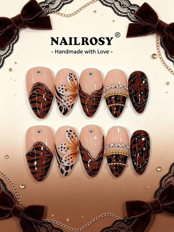 nailrosy 10 buah Kuku Palsu Akrilik Buatan Tangan, Aneka Warna Transparan Bentuk Almond Datar Pendek Bunga 3D Perlengkapan Seni Kuku, Kuku Palsu Lancip Alat Kuku Cocok Untuk Pernikahan, Ulang Tahun, Pesta, Gaya Y2K French Lucu