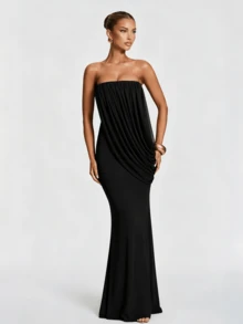 Elegant French Romantic Wedding Evening Party Strapless Ruched Dress - Black - View 2