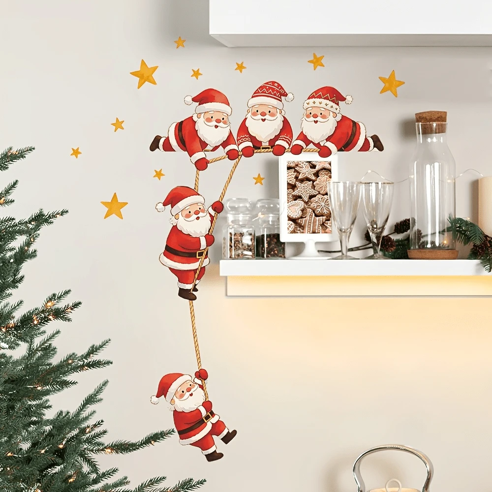 2D Hand-Drawn Climbing Rope Santa Claus & Golden Star Combination Self-Adhesive Wall Sticker, Door Frame, Cabinet, Wall Christmas Holiday Atmosphere Decorative Decal - Sticker - View 1