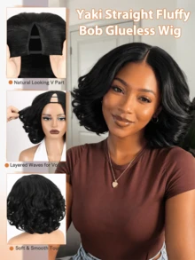 V-Part Yaki Wavy Bob Wig, Synthetic Hair V-Shaped Glueless Hairpiece, Layered Curly Clip-In Hair, Ready To Wear, Suitable For Beginners, Heat-Resistant Fiber, Daily Wear - Black - View 3