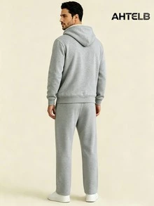 AHTELB Men's Autumn/Winter Fleece Hooded Sweatshirt Set, Casual Fashion Versatile Thermal Lined Warm 2 Pieces Set Sports - Grey - View 2