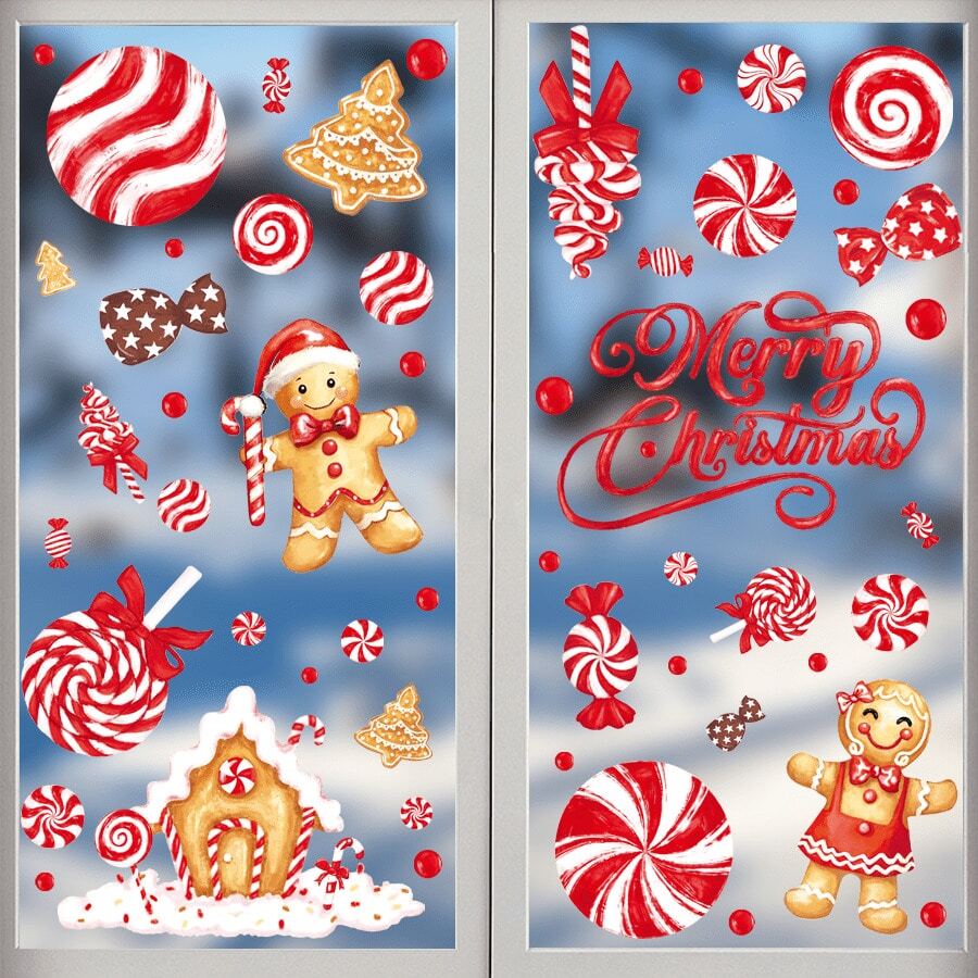 106pcs Christmas Gingerbread And Candy Cane Window Decals - Self-Adhesive Plastic Holiday Stickers With Cartoon Gingerbread Man, Candy Cane And Merry Christmas Text - For Home, Door, Candy Land Party, Gingerbread Christmas Decor Glass Decoration - 8.66in*11.81in*6 - View 1