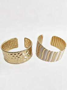 Women 2Pcs Stackable Bracelets Sets High Street Fashion Wide Ribbon Shape Stainless Steel Cuff Bangle Chunky Open Cuff Adjustable Wrist Jewelry Hot - Gold - View 22