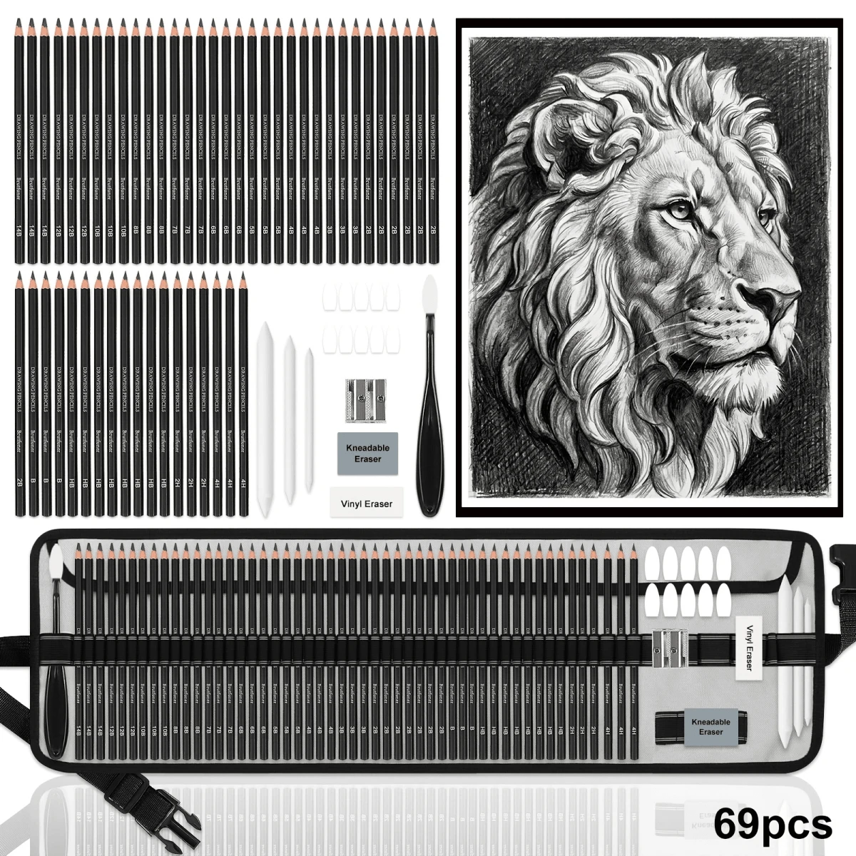 69 Drawing Set,Sketching Kit With Graphite Pencils,Blending Tools,Erasers & Accessories, Drawing Kit For Adults Artists In Canvas Roll Up,For Professional Artistic Use - 69 Pcs - View 1