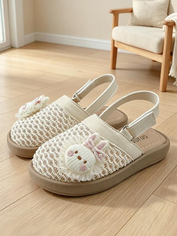 New Release 3-12 Years Old Cream White Children's Flat Shoes.Mesh Rabbit Closed Toe Sandals.Breathable Sandals.Sweet Girls' Sandals.Princess Shoes|Large Mesh Hollow Breathable Cool Not Sweaty, Loose Square Round Toe Not Squeezing Feet.Fresh Pastoral Style|Summer Daily Wear, Beach Vacation, Outdoor Excursion, Children's Photography, Toe Protection Anti-Collision Girls' School Shoes