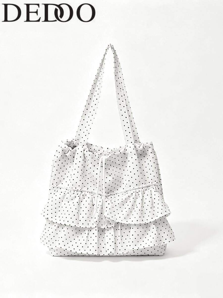 Dedoo Women's Polka Dot Print Ruffle Drawstring Tote Shoulder Bag, Korean Style Daily Student Handbag, Large Capacity Campus Backpack, Suitable For University Campus