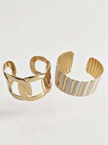 Women 2Pcs Stackable Bracelets Sets High Street Fashion Wide Ribbon Shape Stainless Steel Cuff Bangle Chunky Open Cuff Adjustable Wrist Jewelry Hot - Gold - View 23