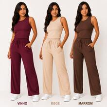 Set Of 3 Wide Leg Pants With Pockets + Women's Plus Size Tank Top - Wine + Beige + Brown - View 9