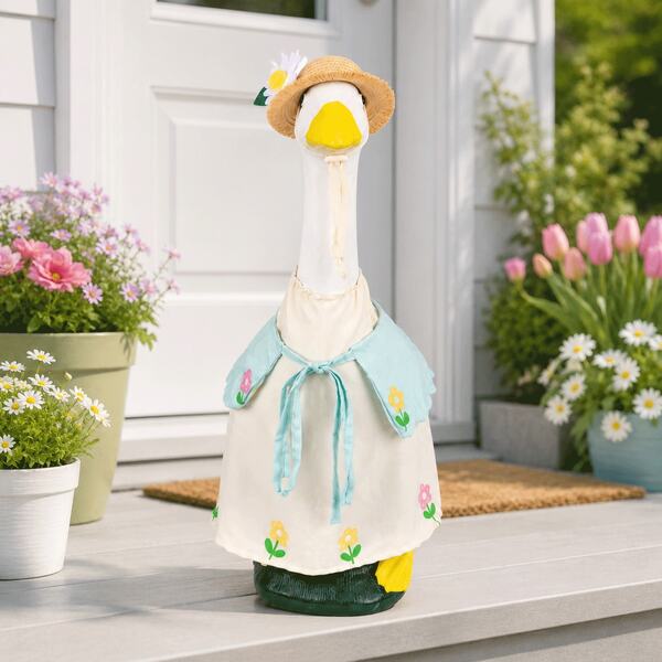 58.42cm Lawn Goose Outfit Set - Featuring Straw Sun Hat With Daisy Decoration, Green Floral Cape And Embroidered Dress, Suitable For Spring/Summer Outdoor Porch Garden Goose Decor
