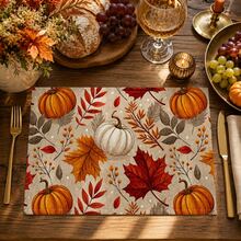 1pc/4pcs/6pcs Pumpkin Pattern Printed Linen Placemats, Rectangular Table Mats, Washable, Easy To Clean, Plate Mats, Bowl Mats, Western Style Dining Mats, Suitable For Kitchen, Dining Room, Home Gatherings, Coffee Table And Daily Table Decor - Multicolor - View 2