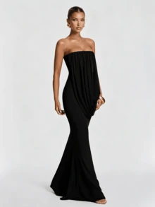 Elegant French Romantic Wedding Evening Party Strapless Ruched Dress - Black - View 4