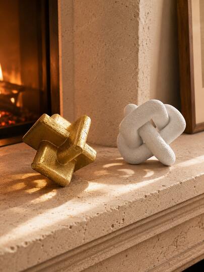 1pc 3.54in Resin Interlocking Knot Sculptures, Gold & White Abstract Geometric Tabletop Decor, Modern Luxury Home Accent For Living Room, Office & Housewarming Gift