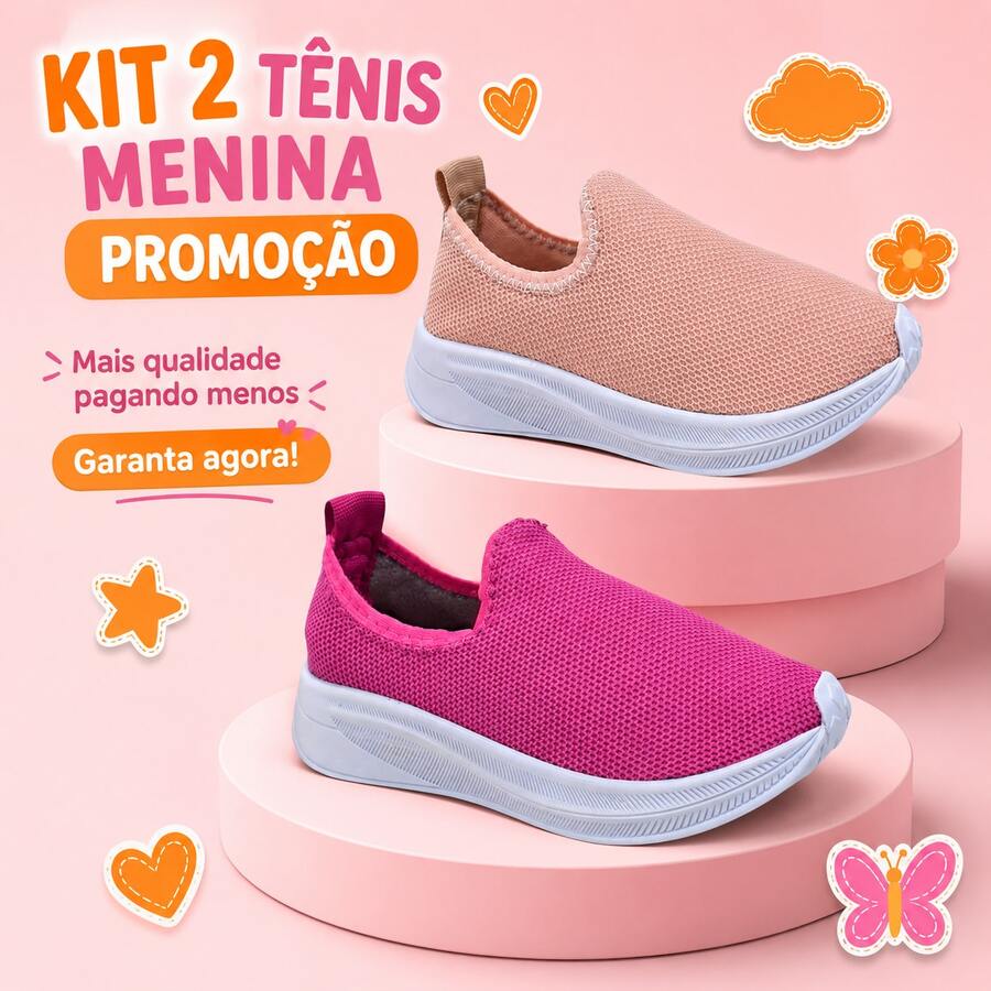 COMBO 2 Tenis Infantil Menina Escolar | Slip On, Calce Fácil Ideal Para Todas as Ocasiões | PEÇA JÁ! - Nude + Pink - Visão 1