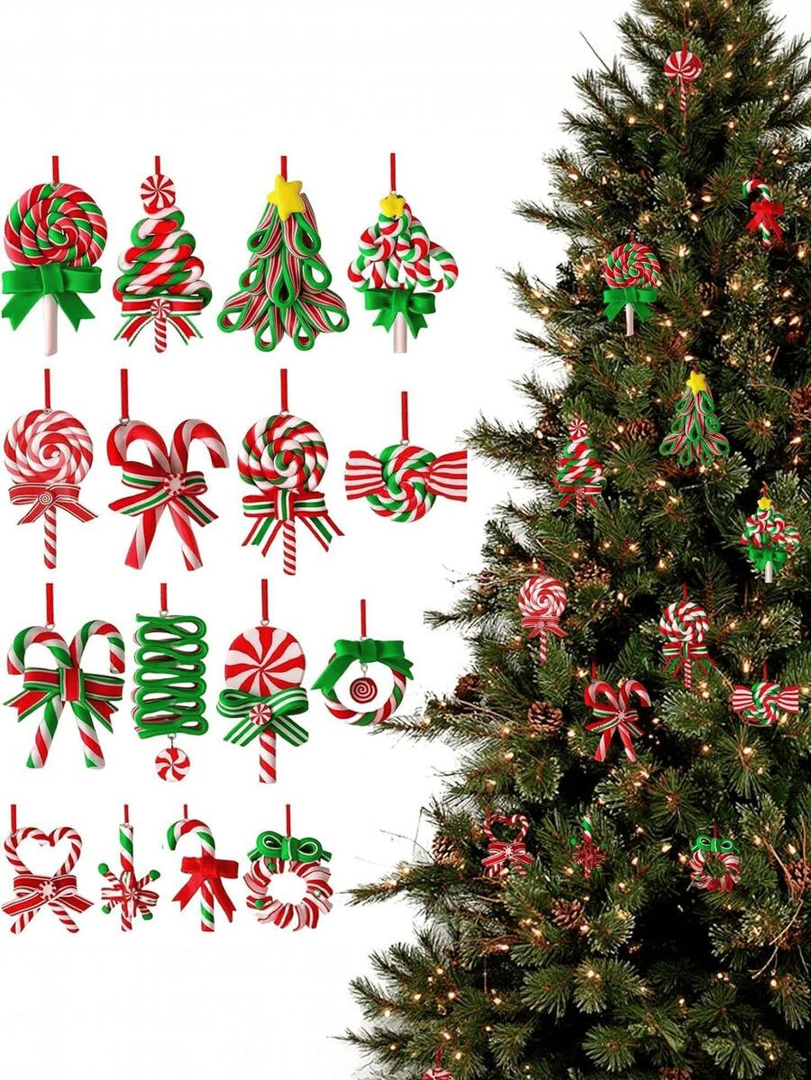 32pcs/Set Christmas Lollipop Decorations, Candy Christmas Tree Ornaments, Colorful Mini Candy Cane Hanging Decor, Polymer Clay Mint Pendant, Suitable For Christmas Tree Party Home Decor