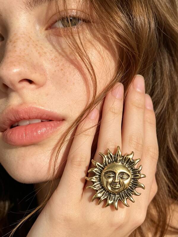 1pc Fashion Vintage Heavy Metal Texture Sun Smiling Face Adjustable Ring, Luxury Elegant Versatile Women's