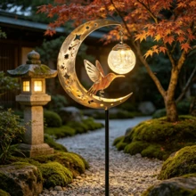 金屬月亮蜂鳥太陽能花園插地燈，防水 LED 裂紋玻璃太陽能草坪燈，星空鏤空戶外景觀裝飾燈，適用於花園庭院小徑花床，自動感應夜燈，完美節日喬遷禮物，戶外花園裝飾太陽能燈 LED 景觀戶外燈 花園用品 地燈 戶外庭院裝飾 - 暖白色 - 查看 1