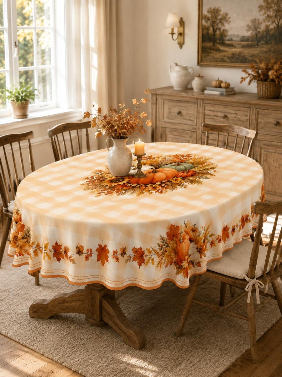 1PC Fall Plaid Oval Tablecloth With Pumpkin, Wheat, Sunflower, Maple Leaf And Harvest Centerpiece Print, Dining Table Cover, Party Atmosphere Maker For Thanksgiving Dinner, Family Gathering, Fall Decor, Room Decor And Home Decor - D - View 1