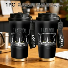 1個/5個 500ml 黑色暴躁貓旅行杯，雙層不鏽鋼保溫杯，憤怒貓文字圖案印花設計，附印有 COFFEE 字樣掛繩的便攜咖啡杯，適合日常通勤 - 黑色-討厭你 - 查看 5