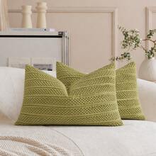 1 PC Decorative Pillow Case Soft Corduroy Solid Color Square Pillow Cover Bohemian Striped Windmill Patchwork Texture Cushion Cover Suitable For Sofa Car Bed Living Room - Sprout Green - View 7