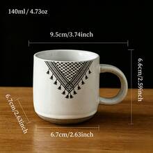 Farmhouse Style Spotted Ceramic Mug, Black Tassel Woven Geometric Triangle Print Coffee Cup, Neutral Minimalist Kitchen Tableware Gift - Multicolor - View 8