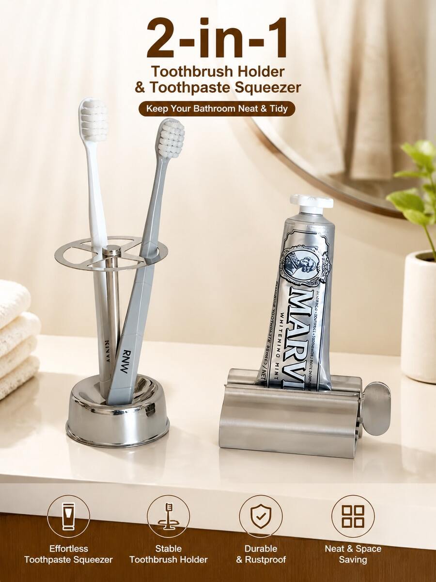 Set de 2 piezas Soporte para cepillo de dientes & Exprimidor de pasta de dientes 2 en 1, Estante de almacenamiento para baño, Resistente a la oxidación & Duradero, Organizador de taza para cepillo de dientes, Organizador de encimera ahorrador de espacio - Multicolor - Ver 1