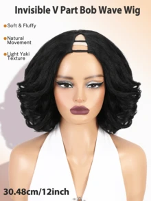 V-Part Yaki Wavy Bob Wig, Synthetic Hair V-Shaped Glueless Hairpiece, Layered Curly Clip-In Hair, Ready To Wear, Suitable For Beginners, Heat-Resistant Fiber, Daily Wear - Black - View 2