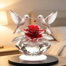 1pc Romantic Hummingbird & Rose Acrylic Desktop Ornament, 2D Flat Crystal Base Design, Atmospheric Home Living Room Bedroom Decor - A - View 2